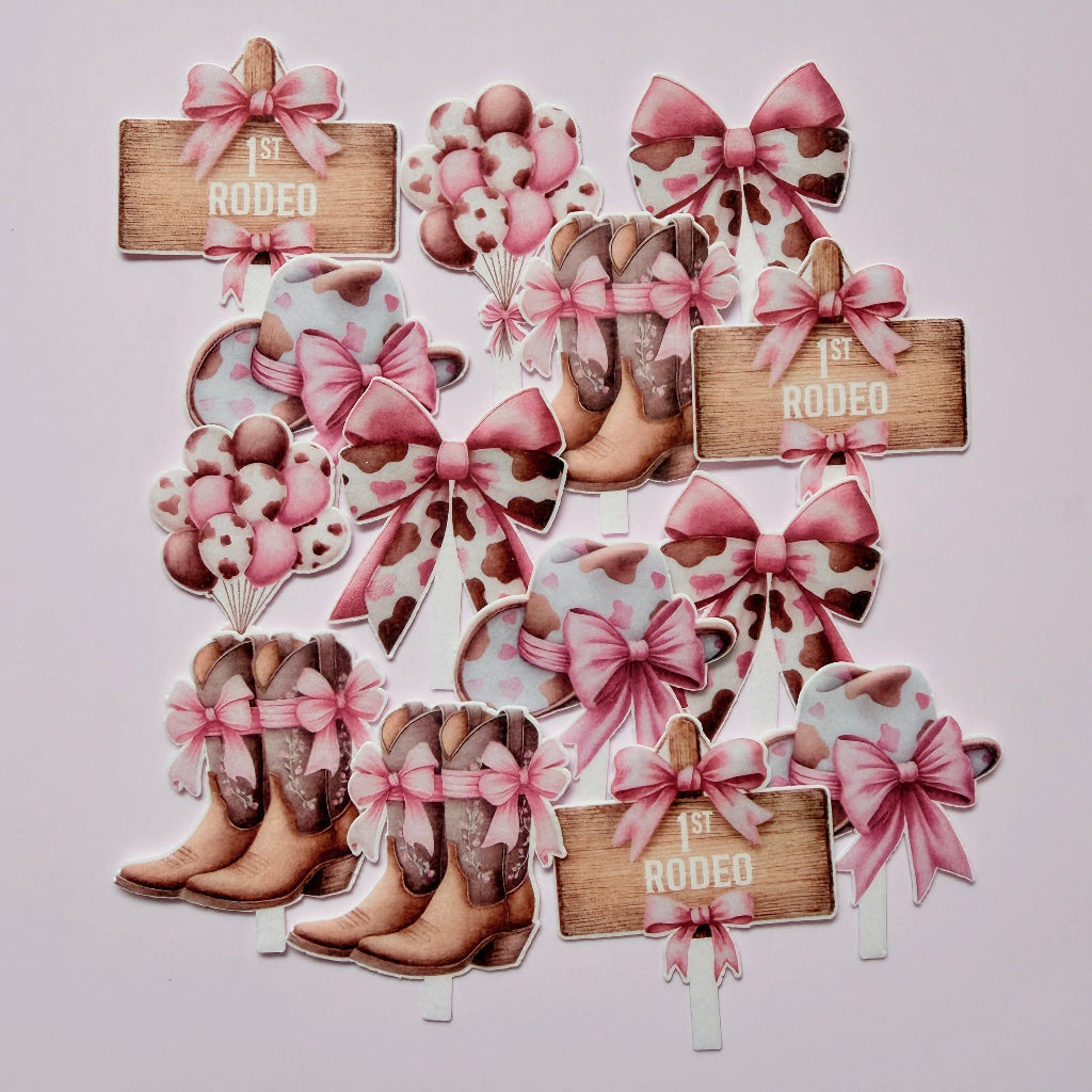 Edible Wafer Card Cupcake Toppers - First Rodeo 14pc