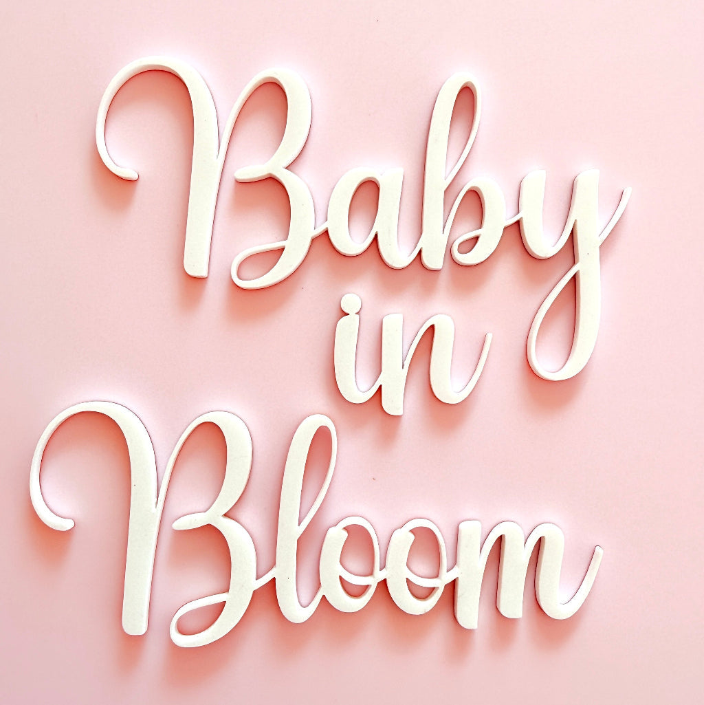 Text 'Baby in Bloom' on a pink background cake topper fropper