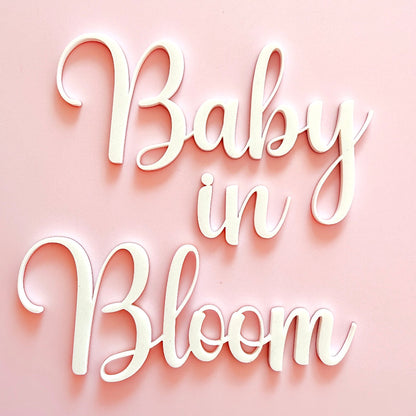 Text 'Baby in Bloom' on a pink background cake topper fropper