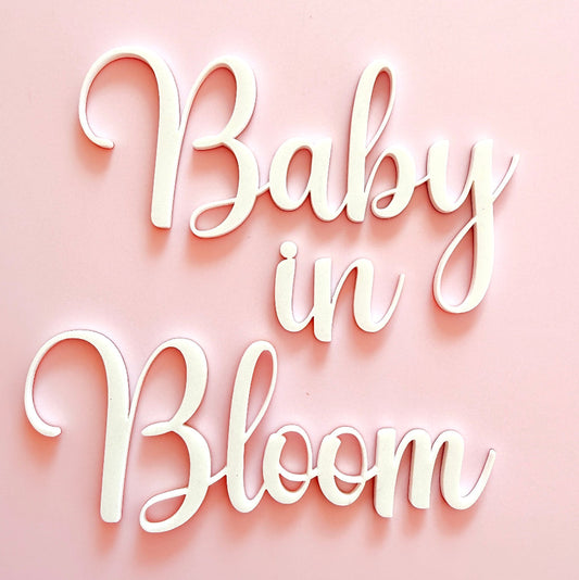 Text 'Baby in Bloom' on a pink background cake topper fropper