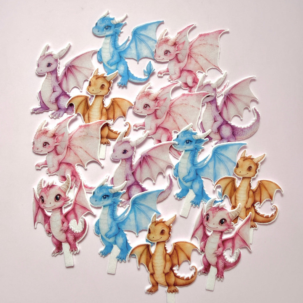 Edible Wafer Card Cupcake Toppers - Cute Dragon 14pc