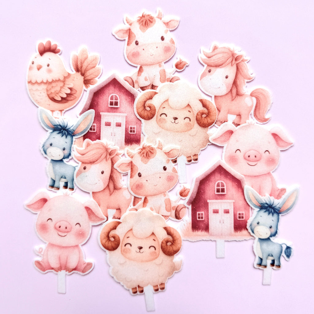 Edible Wafer Card Cupcake Toppers - Cute Farm 13pc
