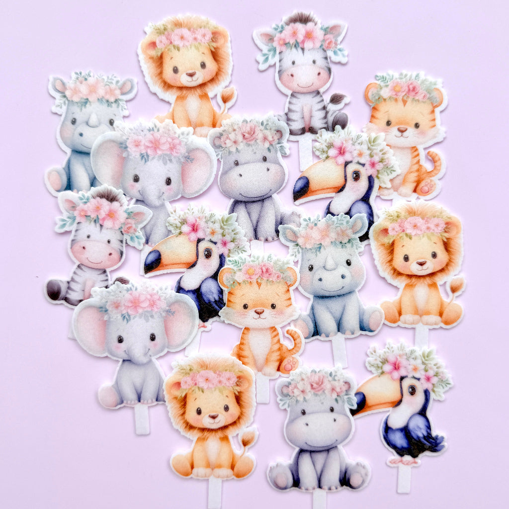 Edible Wafer Card Cupcake Toppers - Floral Safari Animals 16pc