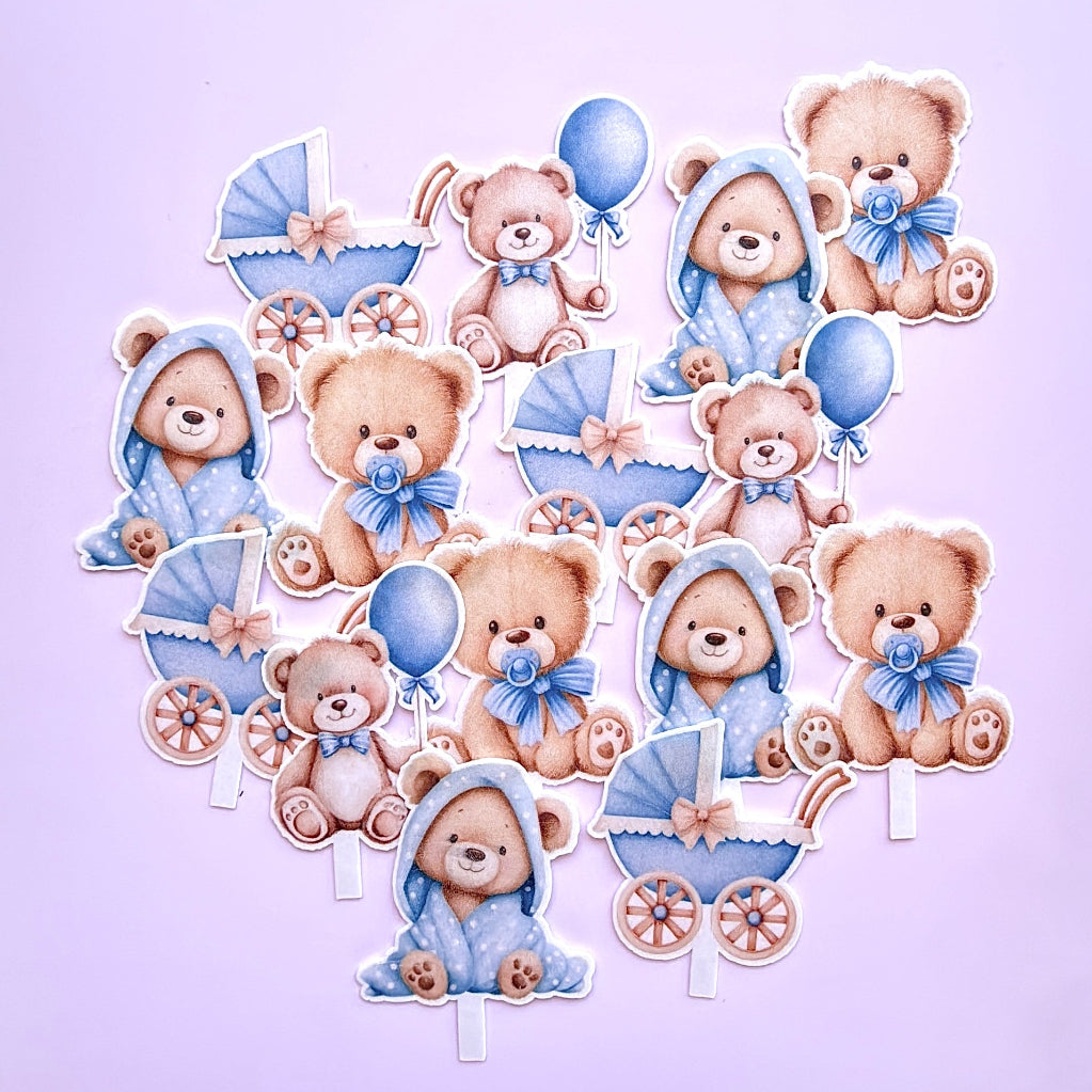 Edible Wafer Card Cupcake Toppers - Teddy Bears Blue 15pc