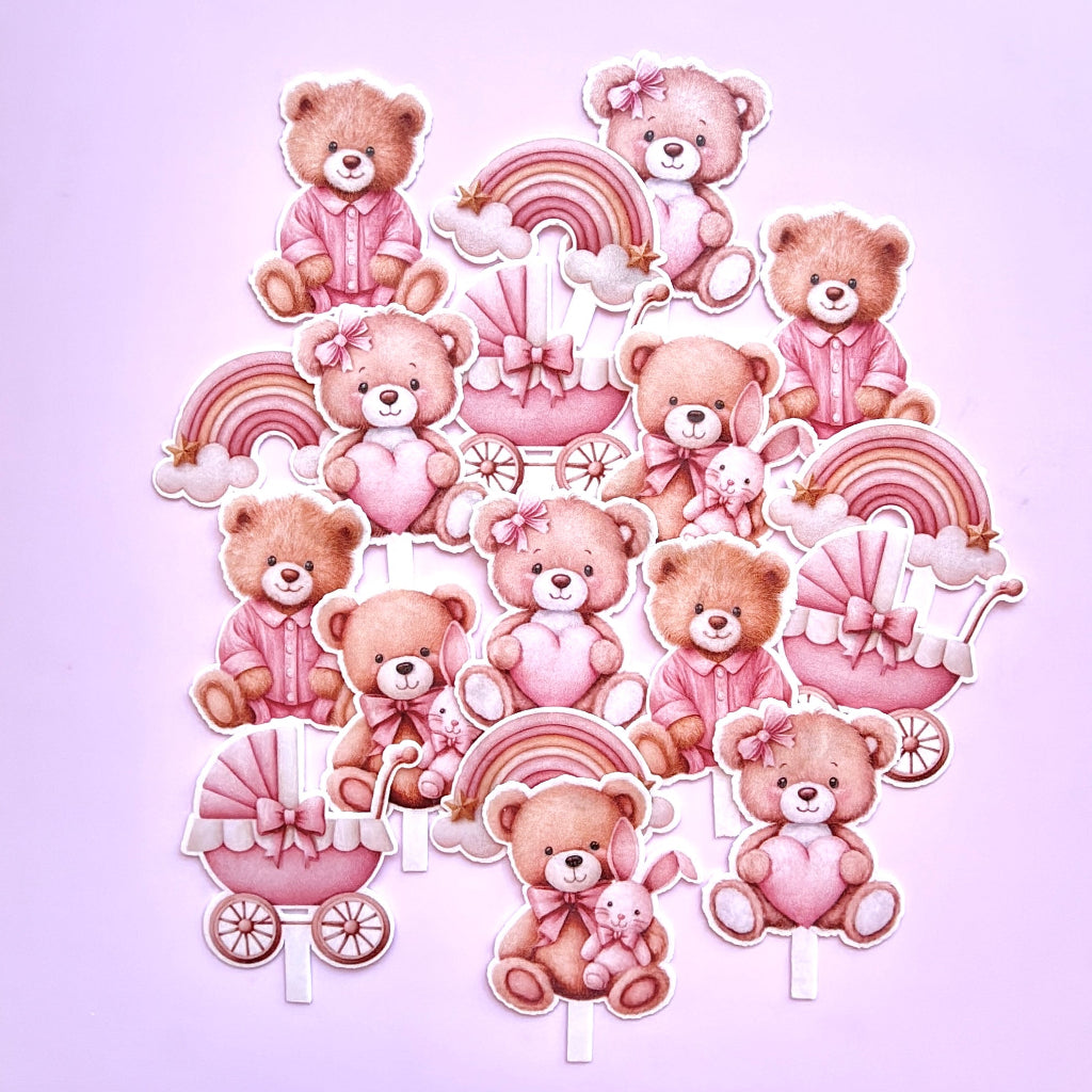 Edible Wafer Card Cupcake Toppers - Teddy Bears Pink 18pc